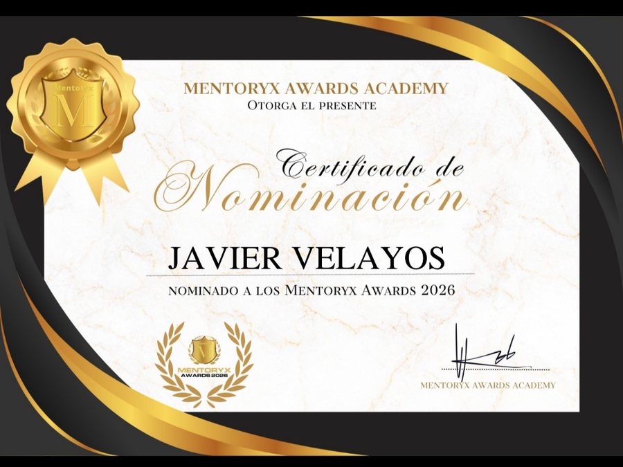 Certificado de Nominación de la Mentoryx Awards Academy a nombre de Javier Velayos